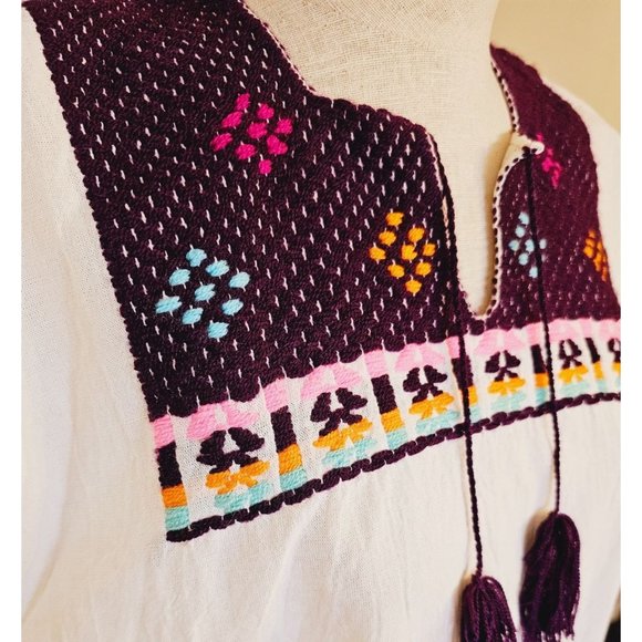 Hand Stitched and embroidered blouse size Medium white purple cotton - Picture 12 of 12